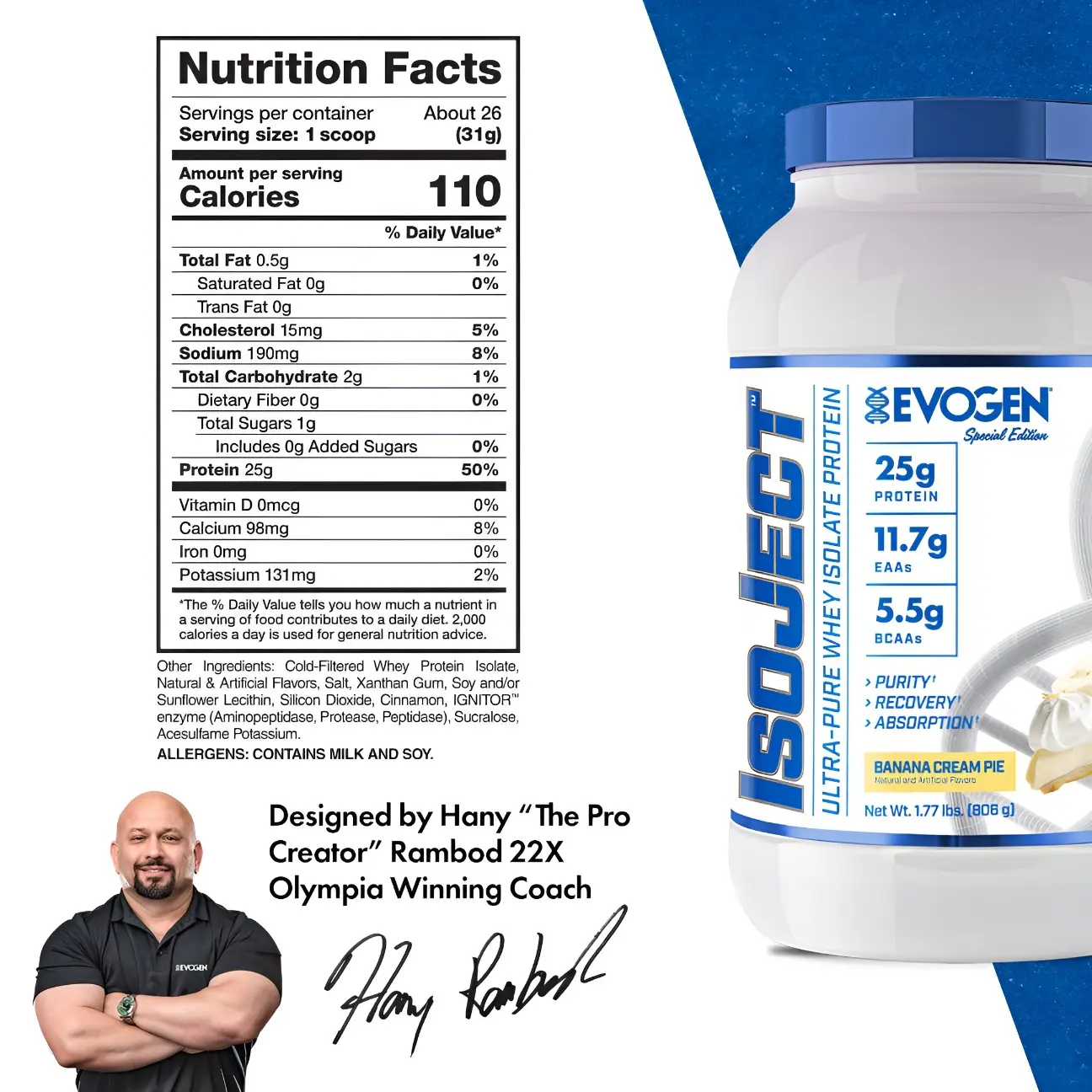 Proteína Evogen IsoJect Whey Isolatada Ultra-Pura 1.77 lbs Sabor Banana Cream Pie.