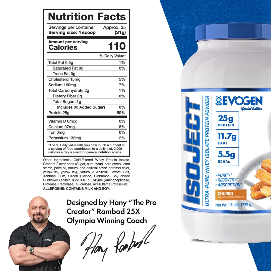 Proteína Evogen IsoJect Whey Isolatada Ultra-Pura 1.77 lbs Sabor Churro.