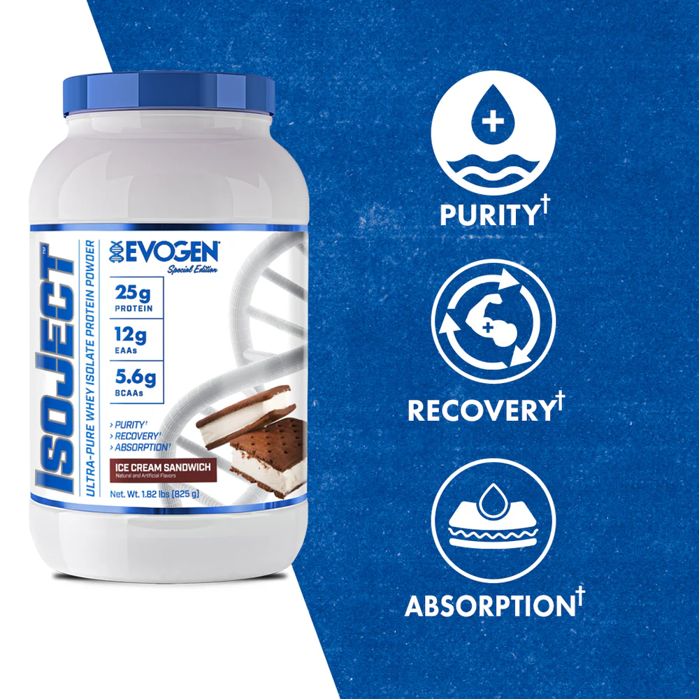 Proteína Evogen IsoJect Whey Isolatada Ultra-Pura 1.89 lbs Sabor Ice Cream Sandwich.