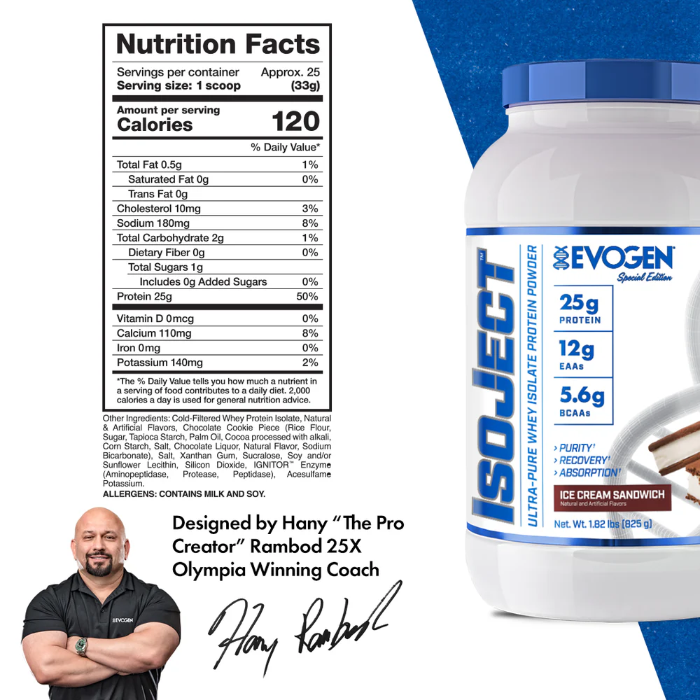 Proteína Evogen IsoJect Whey Isolatada Ultra-Pura 1.89 lbs Sabor Ice Cream Sandwich.