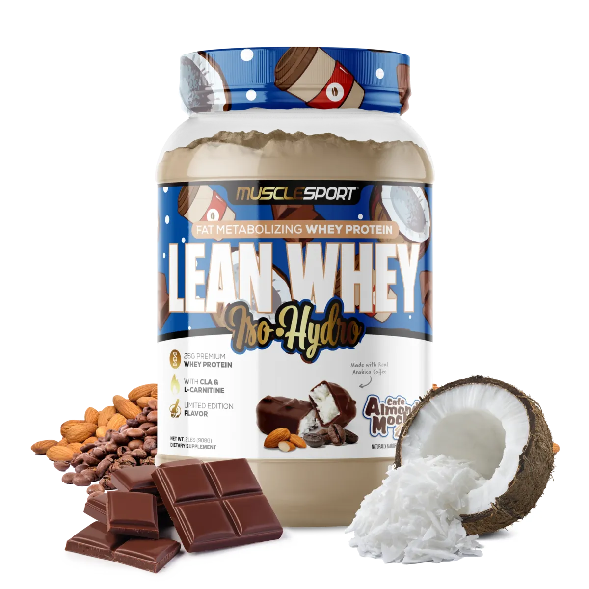 Proteína MuscleSport Lean Whey Isolatada Hidrolizada 2 lbs Metabolizadora de Grasas Sabor Almond Mocha.