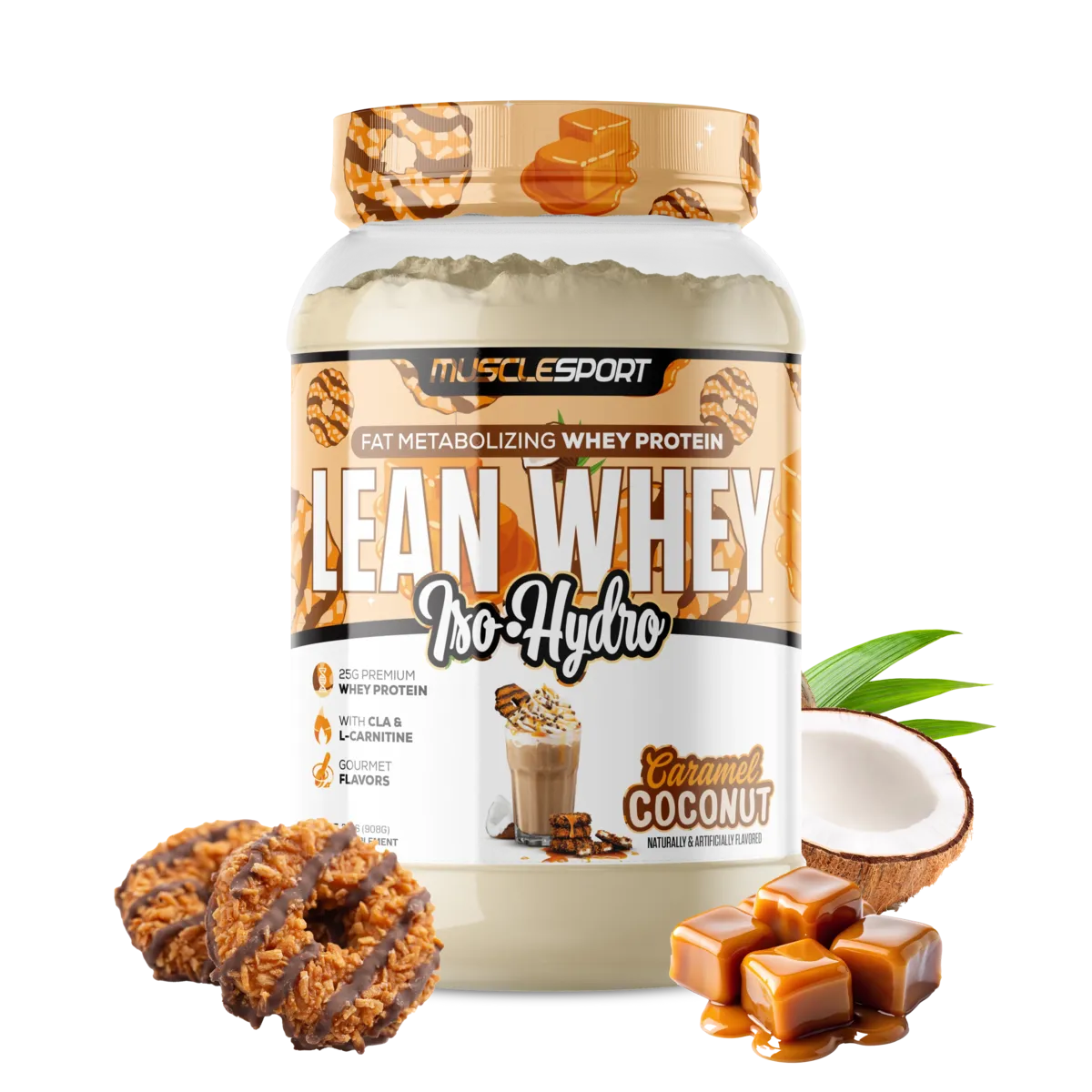 Proteína MuscleSport Lean Whey Isolatada Hidrolizada 2 lbs Metabolizadora de Grasas Sabor Caramel Coconut.