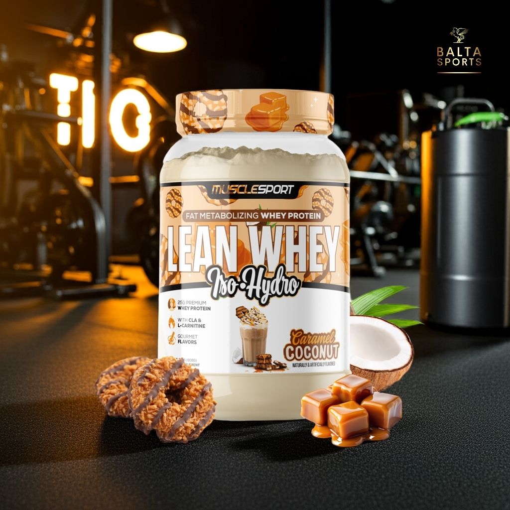 Proteína MuscleSport Lean Whey Isolatada Hidrolizada 2 lbs Metabolizadora de Grasas Sabor Caramel Coconut.