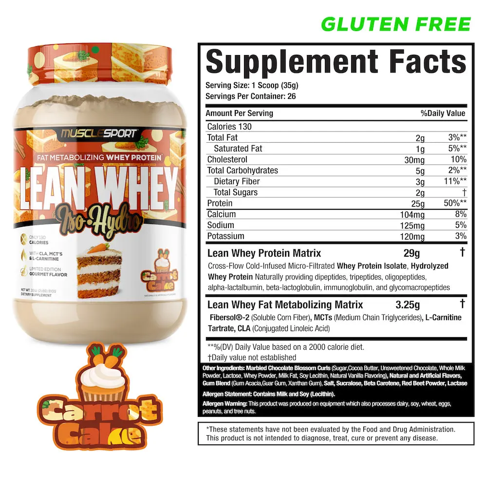 Proteína MuscleSport Lean Whey Isolatada Hidrolizada 2 lbs Metabolizadora de Grasas Sabor Carrot Cake.