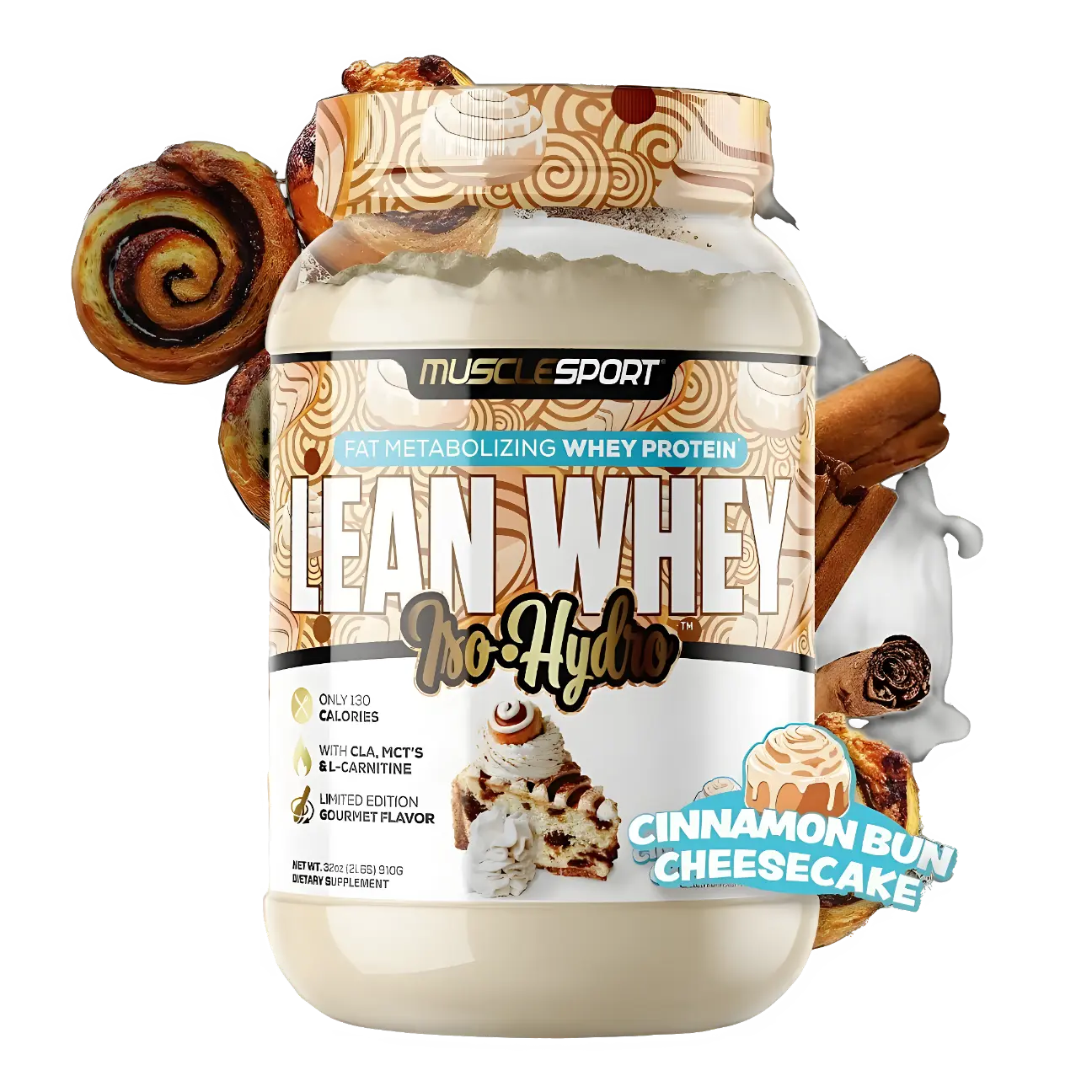 Proteína MuscleSport Lean Whey Isolatada Hidrolizada 2 lbs Metabolizadora de Grasas Sabor Cinnamon Bun Cheesecake.
