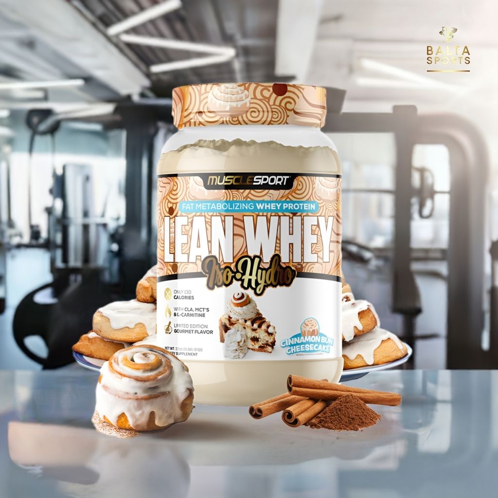 Proteína MuscleSport Lean Whey Isolatada Hidrolizada 2 lbs Metabolizadora de Grasas Sabor Cinnamon Bun Cheesecake.