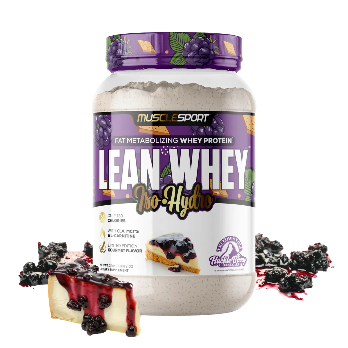 Proteína MuscleSport Lean Whey Isolatada Hidrolizada 2 lbs Metabolizadora de Grasas Sabor Huckle Berry Cheesecake.