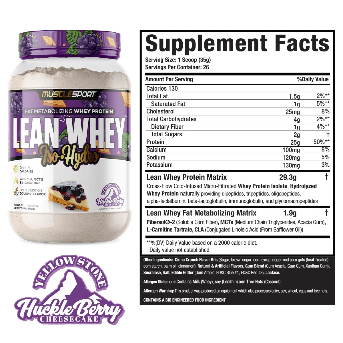 Proteína MuscleSport Lean Whey Isolatada Hidrolizada 2 lbs Metabolizadora de Grasas Sabor Huckle Berry Cheesecake.