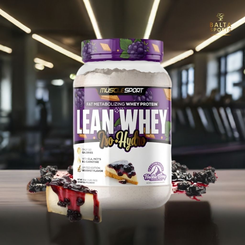 Proteína MuscleSport Lean Whey Isolatada Hidrolizada 2 lbs Metabolizadora de Grasas Sabor Huckle Berry Cheesecake.
