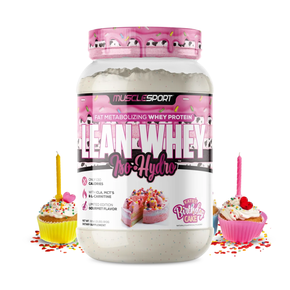 Proteína MuscleSport Lean Whey Isolatada Hidrolizada 2 lbs Metabolizadora de Grasas Sabor Katie's Birthday Cake.