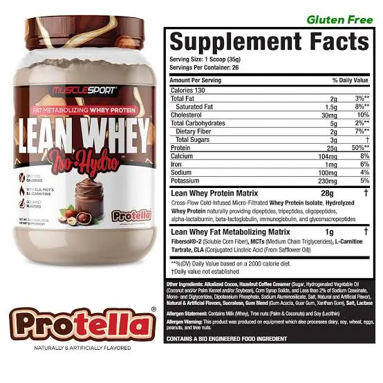 Proteína MuscleSport Lean Whey Isolatada Hidrolizada 2 lbs Metabolizadora de Grasas Sabor Protella.