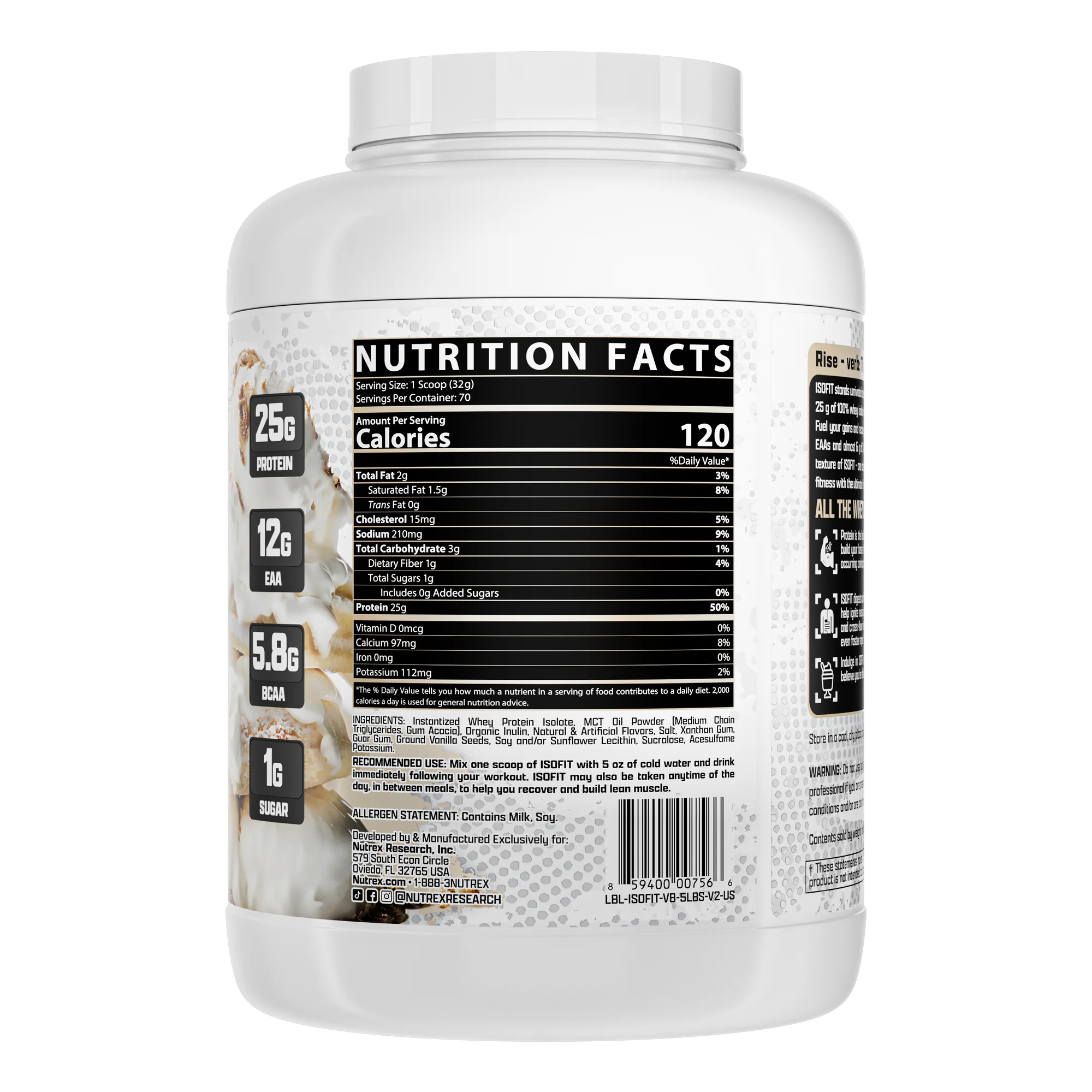 Proteína Nutrex IsoFit Isolatada Premium 5 lbs Sabor Vanilla Bean Ice Cream.