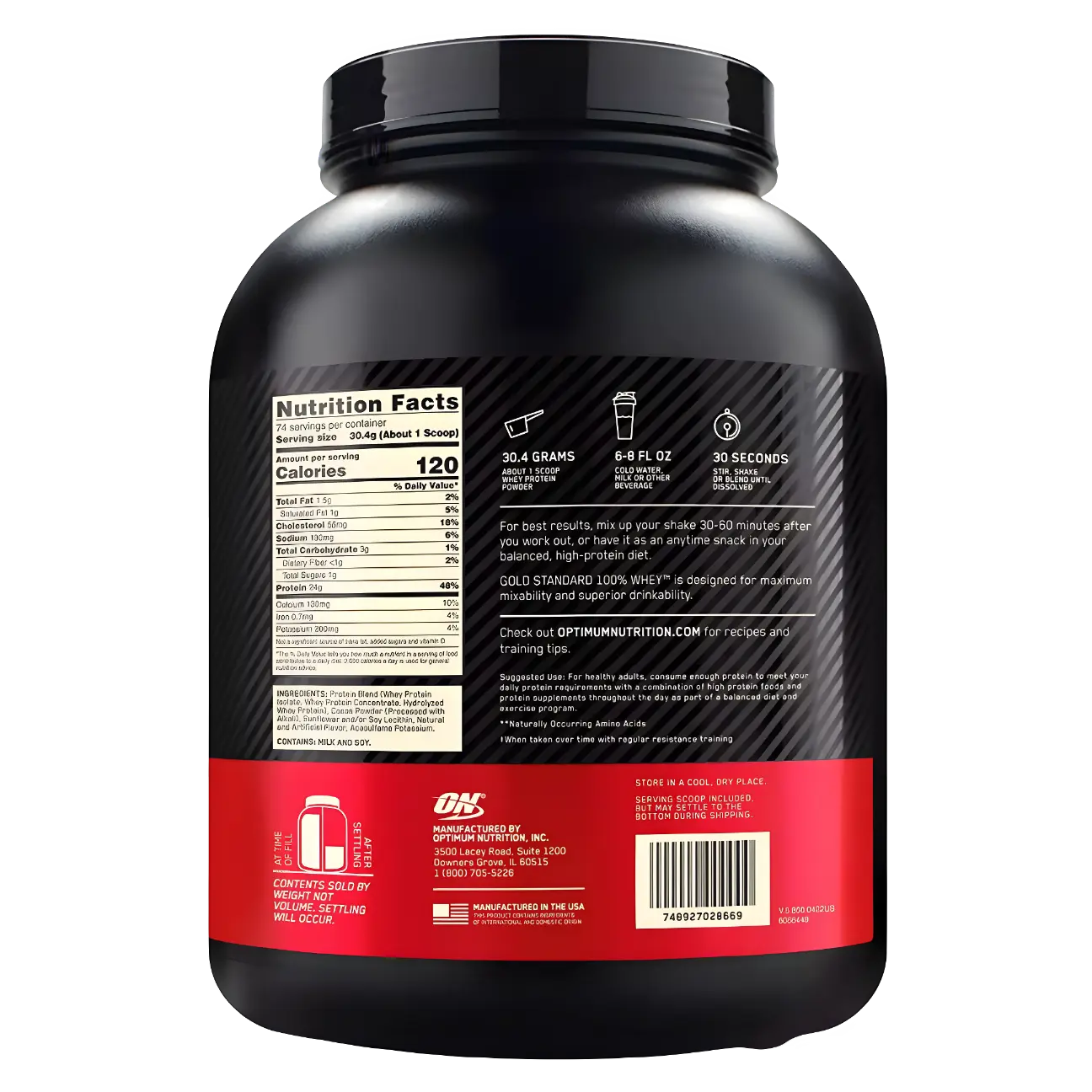 Proteína Optimum Nutrition Gold Standard 100% Whey 5 lbs Sabor Double Rich Chocolate.