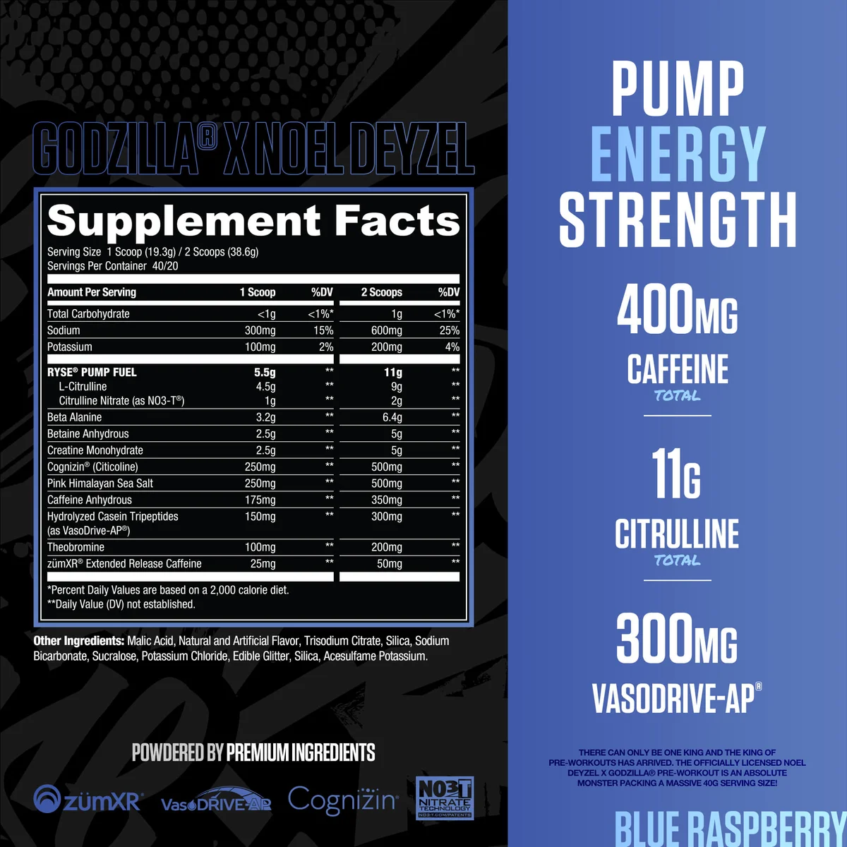 Pre Entreno Ryse Godzilla 40 Servicios 772g Sabor Blue Raspberry.