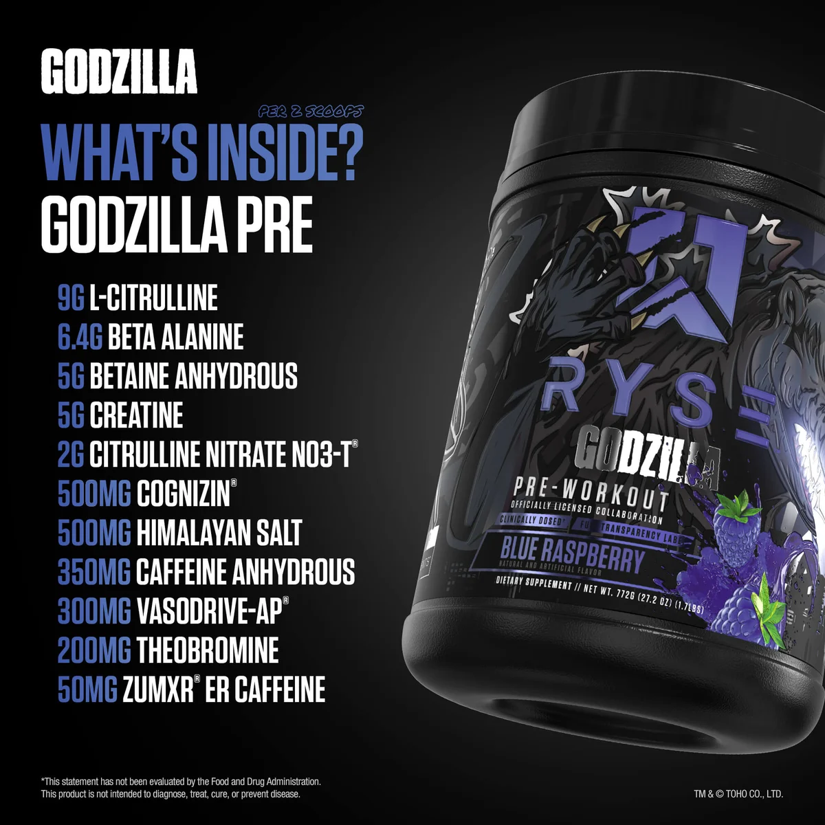 Pre Entreno Ryse Godzilla 40 Servicios 772g Sabor Blue Raspberry.