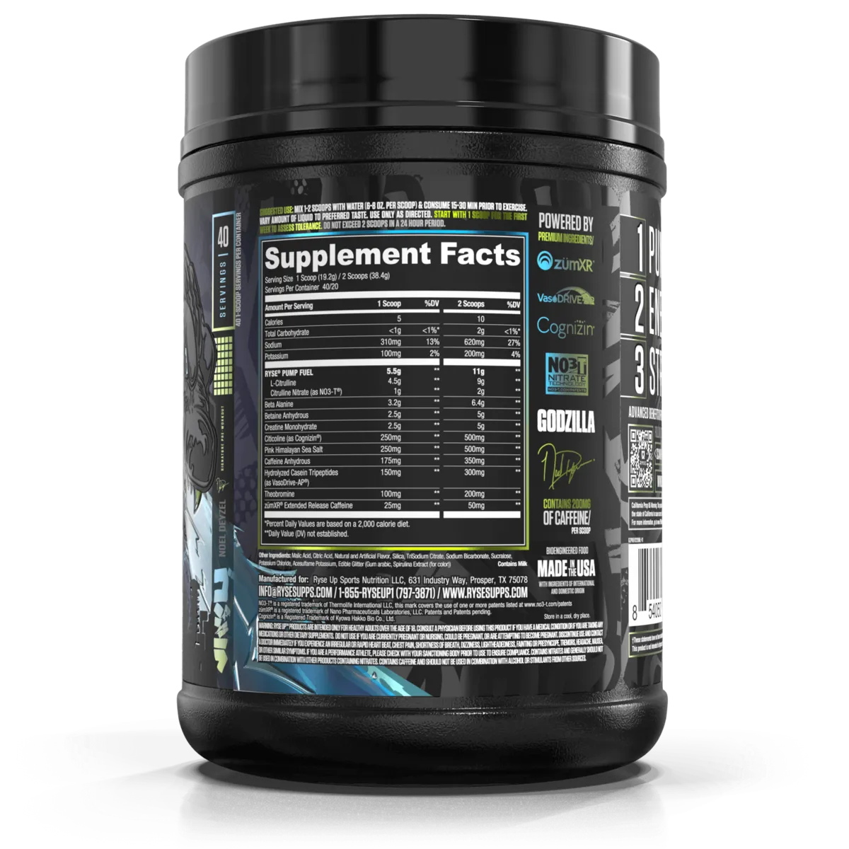 Pre Entreno Ryse Godzilla 40 Servicios 768g Sabor Monsterberry Lime.