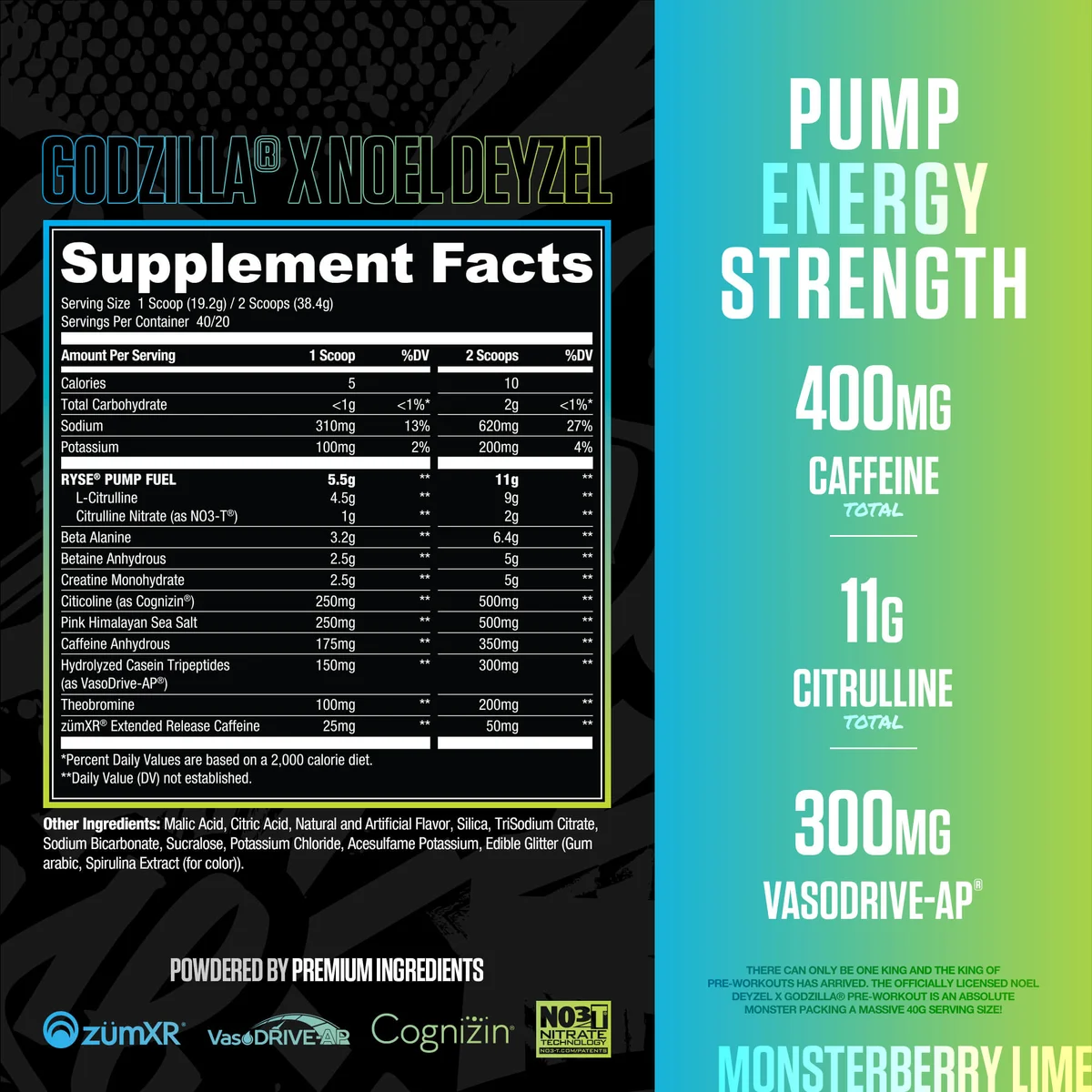 Pre Entreno Ryse Godzilla 40 Servicios 768g Sabor Monsterberry Lime.