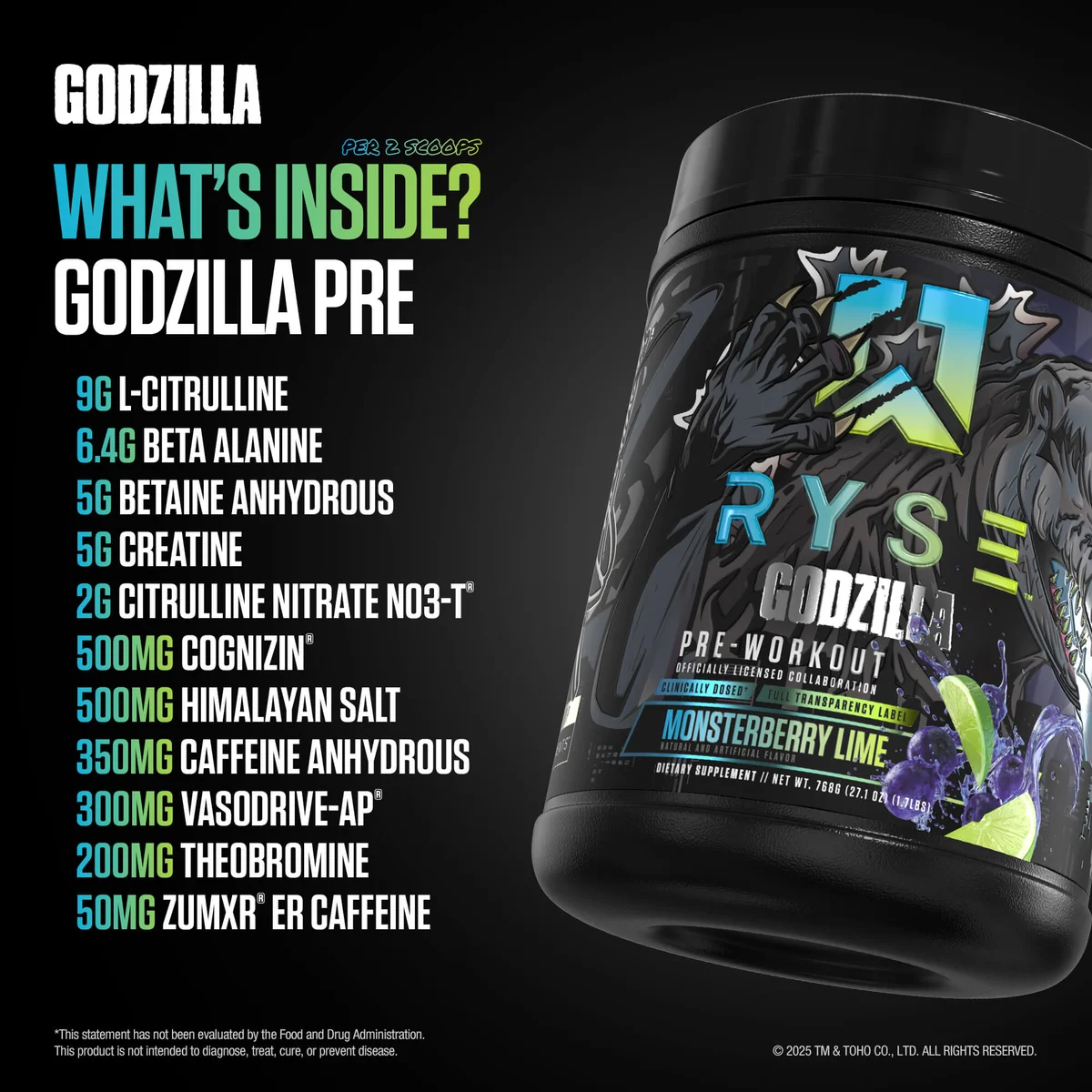 Pre Entreno Ryse Godzilla 40 Servicios 768g Sabor Monsterberry Lime.