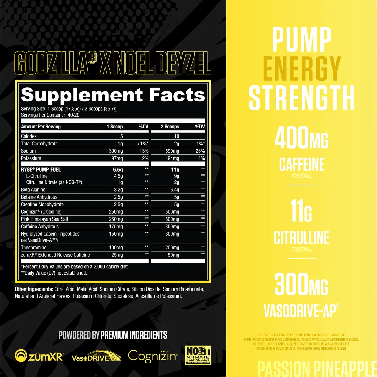 Pre Entreno Ryse Godzilla 40 Servicios 714g Sabor Passion Pineapple.