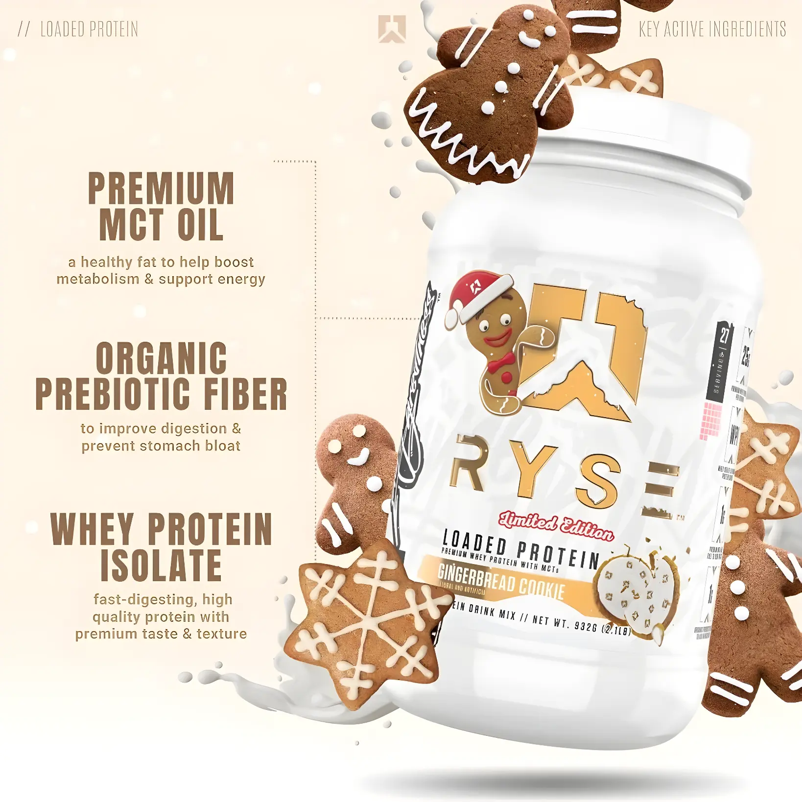 Proteína Ryse Whey Premium con MCT's 2.1 lbs Sabor Gingerbread Cookie.