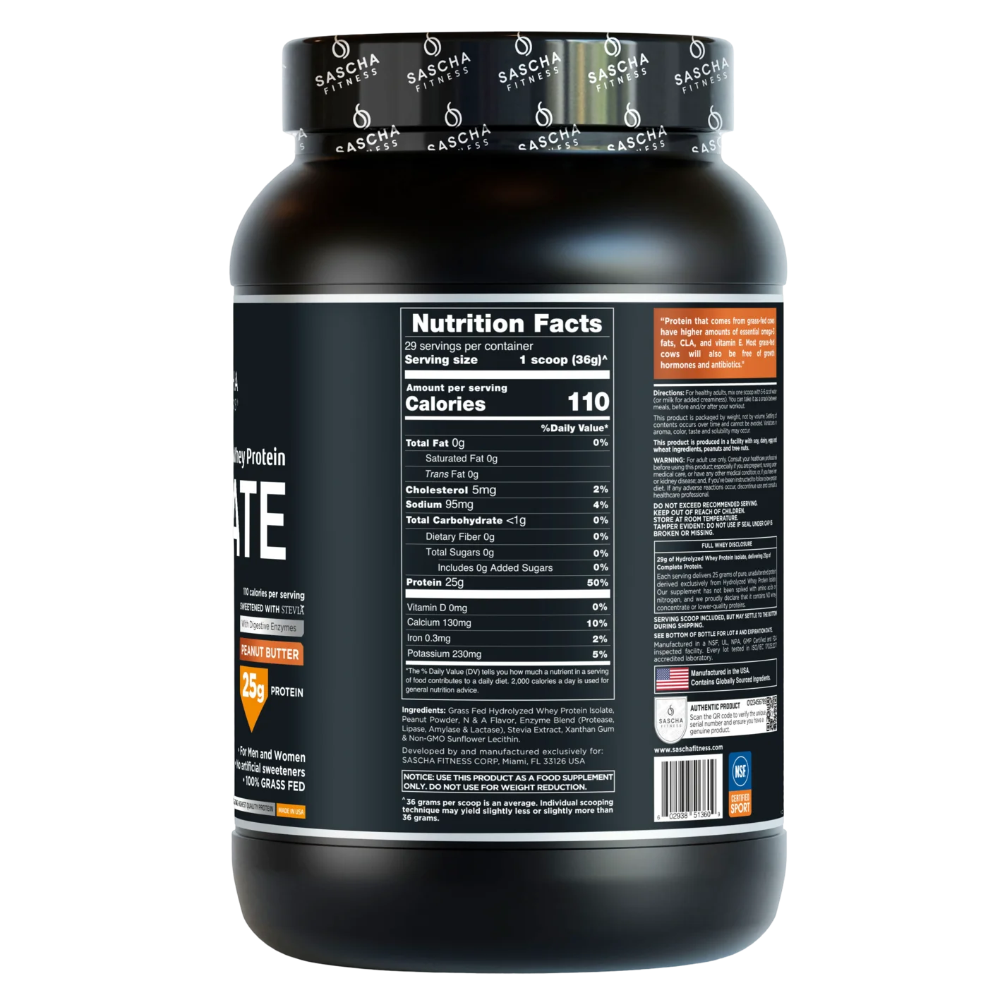 Proteína Sascha Fitness Whey Hidrolizada Isolatada 2 lbs Sabor Peanut Butter